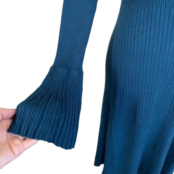 Oasis UK Ribbed Knit Flutter Sleeve Midi Dress A-line Teal Feminine Twee Fairy - Picture 5 of 15